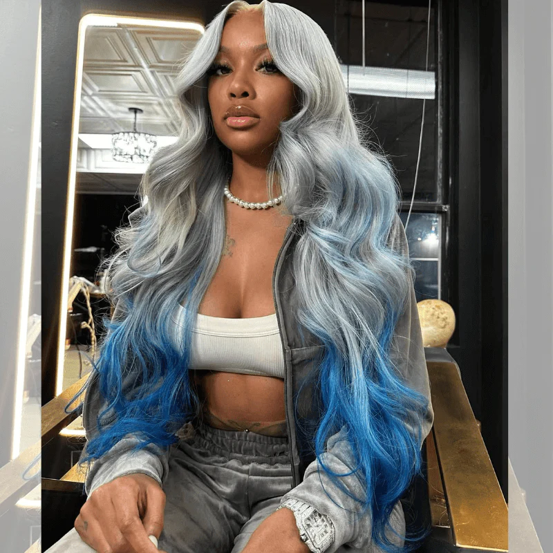 SZC 200 Density Ombre Gray Blue Colored 13x4 Lace Frontal Human Hair Wigs - Image 4