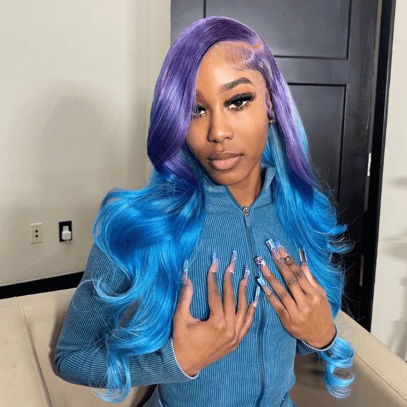 SZC 200 Density Ombre Purple Blue 13x4 HD Lace Frontal Human Hair Wigs - Image 3