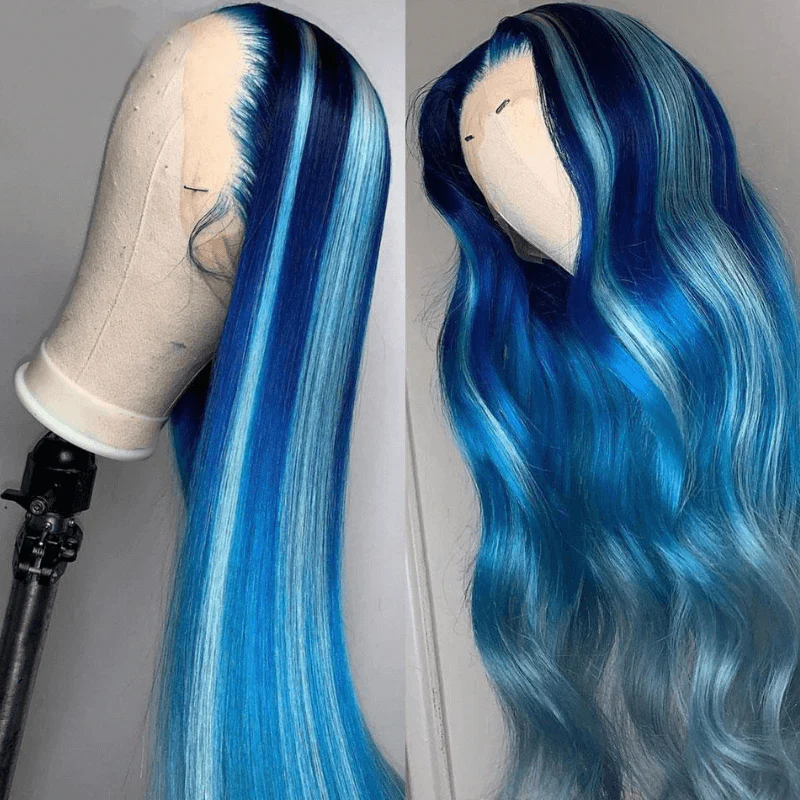SZC Balayage Dark Light Ocean Blue Money Piece Lace Front Human Hair Wigs - Image 3