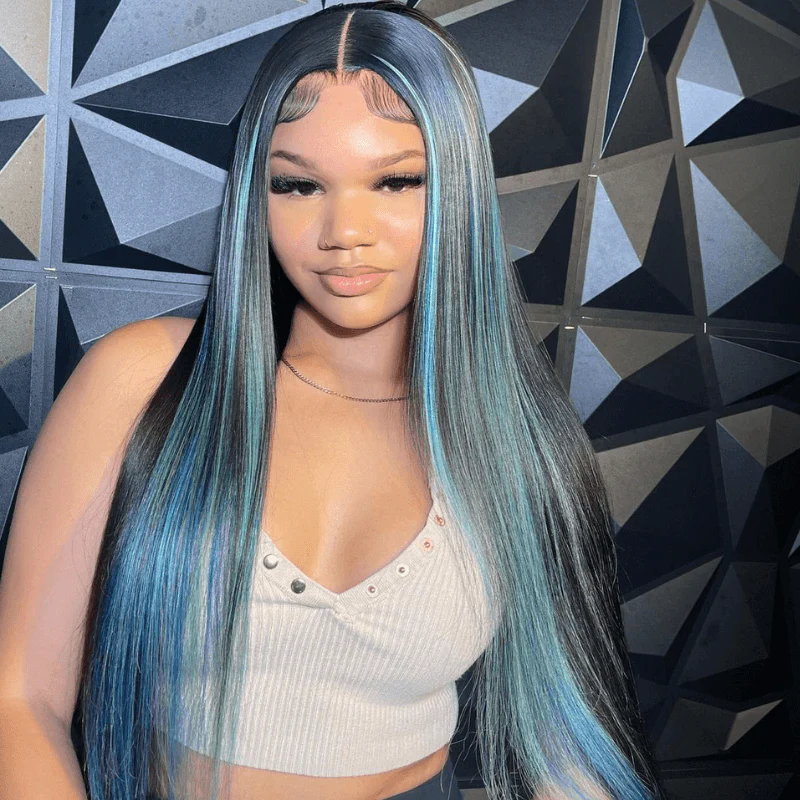 SZC Black With Blue Purple Red Highlight Streaks Lace Front Human Hair Wig - Image 4