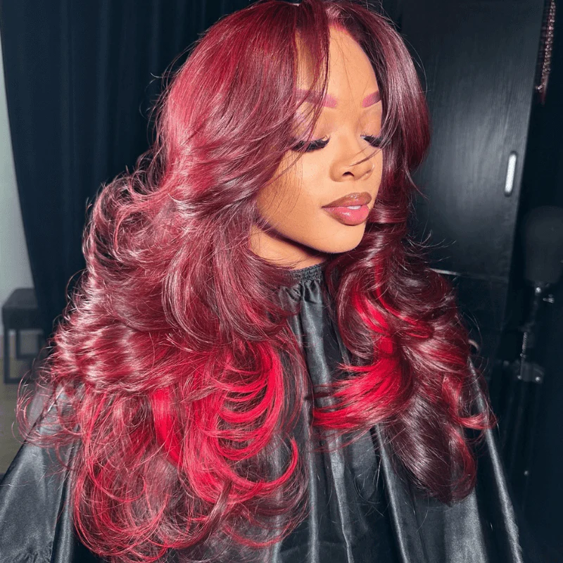 SZC Burgundy Color 13x4 Lace Front Human Hair Wigs With Red Highlights - Image 6