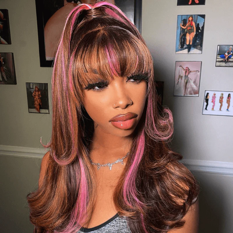SZC Chocolate Brown Color Purple Highlight Bangs Lace Front Human Hair Wig - Image 4