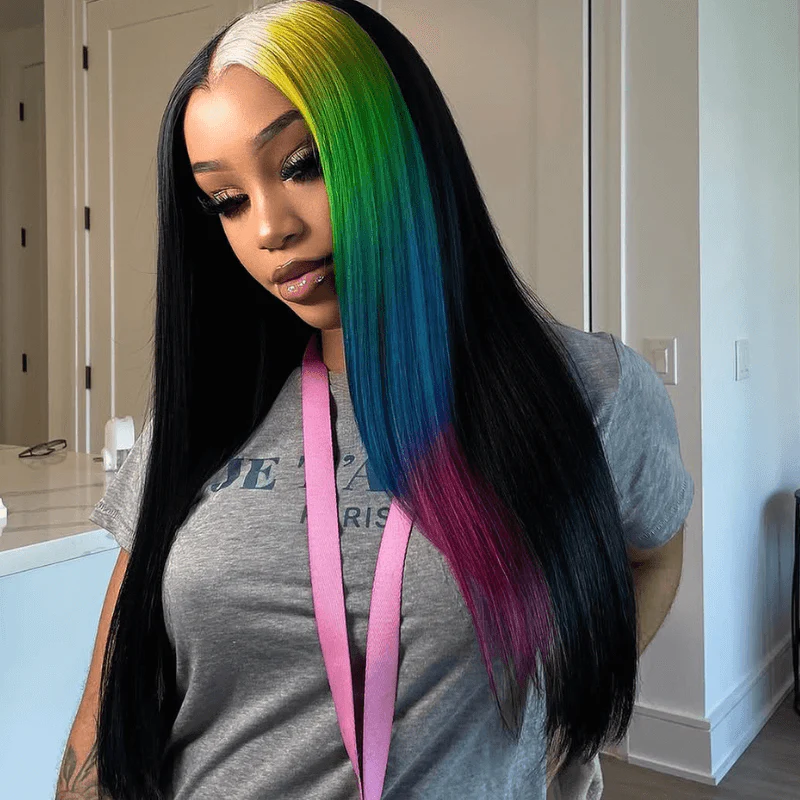SZC Half Black Half Ombre Blonde Yellow Green Blue Red Remy Human Hair Wig - Image 3