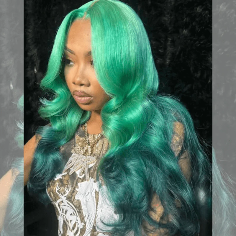 SZC Ombre Aqua Emerald Green Color Body Wave Lace Front Human Hair Wigs - Image 3