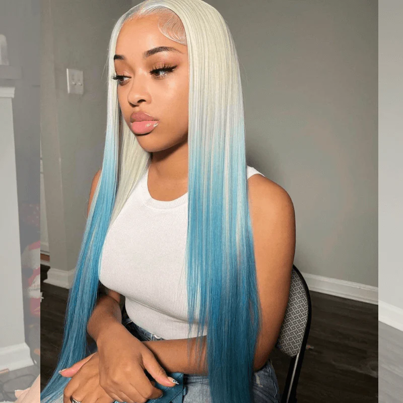 SZC Ombre Blonde Ocean Blue Straight Lace Front Virgin Human Hair Wigs - Image 4