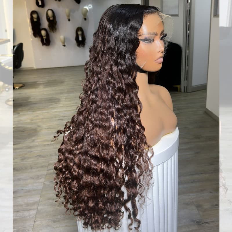SZC Ombre Brown Dark Roots Burmese Curly 13x4 Lace Front Human Hair Wig 250 300 Density - Image 4