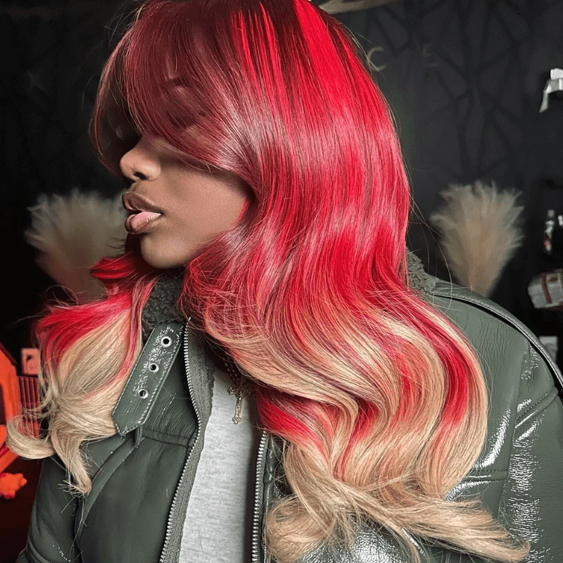 SZC Ombre Burgundy Red Honey Blonde Highlight Lace Front Human Hair Wigs - Image 4