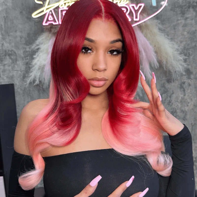 SZC Ombre Dark Red Pink 200 Density 13x4 Lace Front Wavy Human Hair Wigs - Image 3