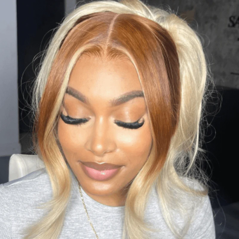 SZC Ombre Light Brown Platinum Blonde Skunk Stripe Lace Front Hair Wigs - Image 3