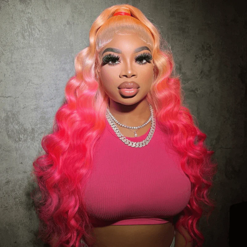 SZC Ombre Peach Blonde Pink 200 Density Lace Front Virgin Human Hair Wig - Image 3