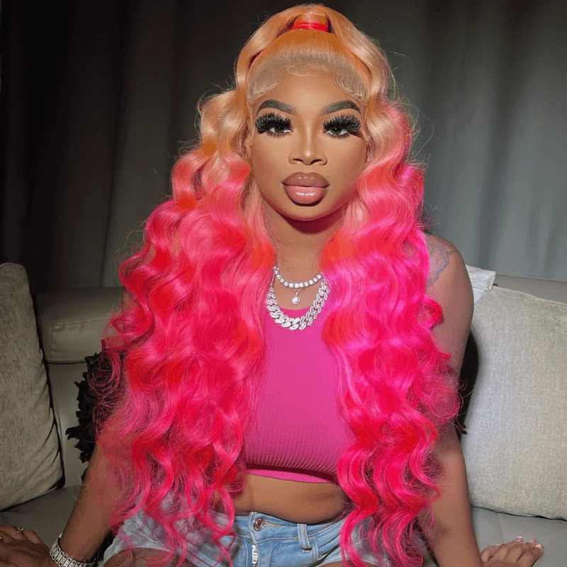 SZC Ombre Peach Blonde Pink 200 Density Lace Front Virgin Human Hair Wig - Image 4