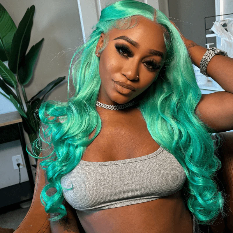 SZC Pastel Mint Green Color Body Wave Lace Front Virgin Human Hair Wig - Image 4