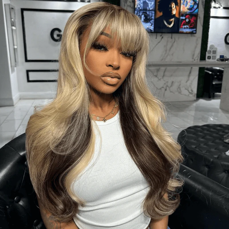 SZC Peekaboo Blonde Brown Virgin Human Hair Wig With Bangs 200 Density - Image 3